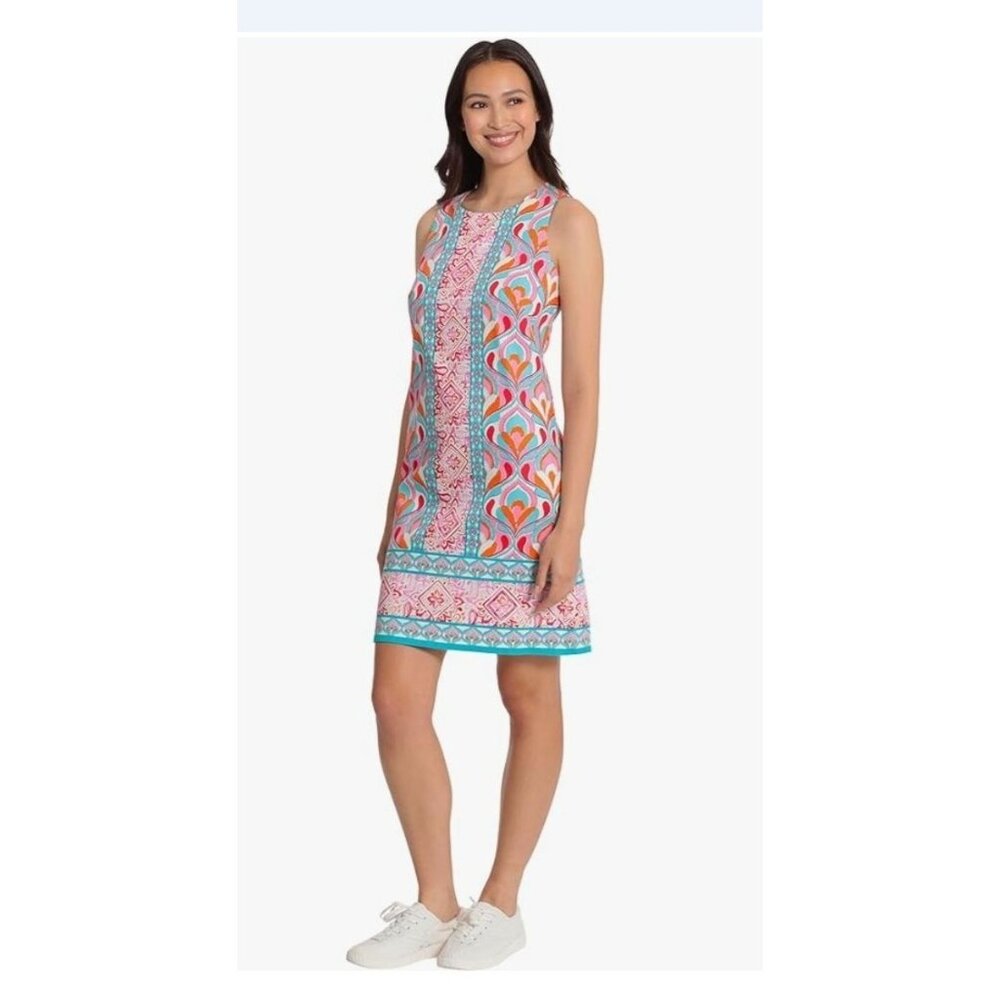 London Times Womens Sleeveless Shift Dress Pink Multicolor Geometric Size 6 - Picture 3 of 11